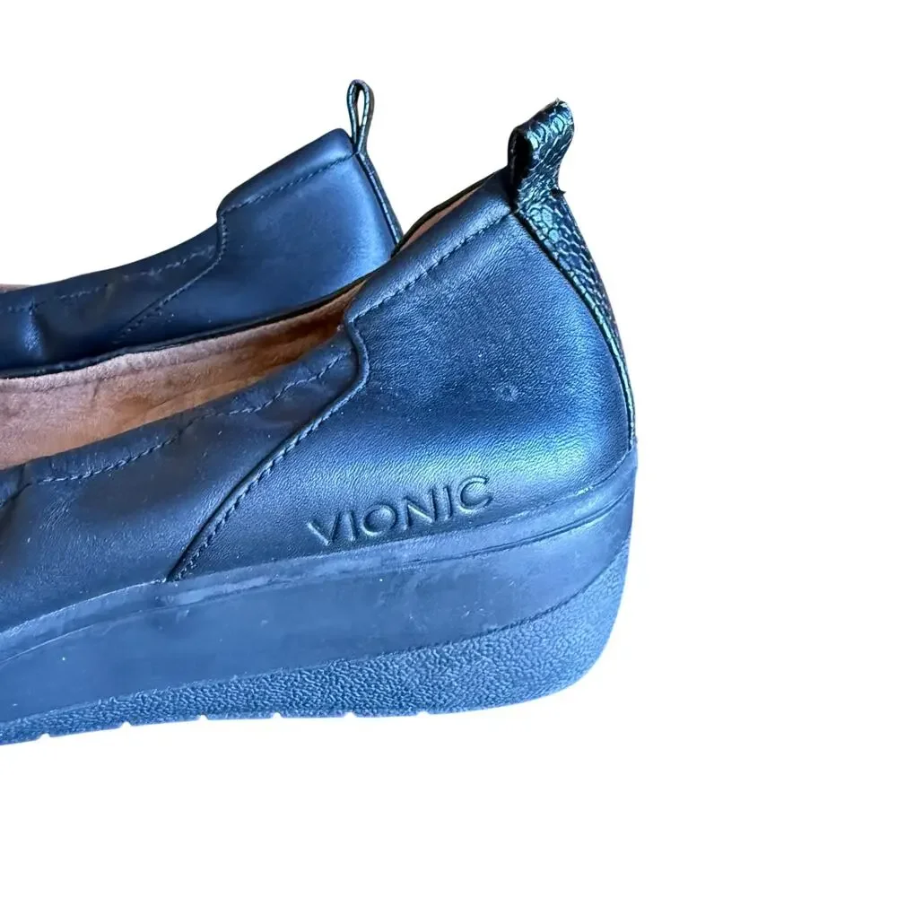 Vionic Women's Jacey Black Leather Wedge Pumps Slip On Comfort Arch Support - 9